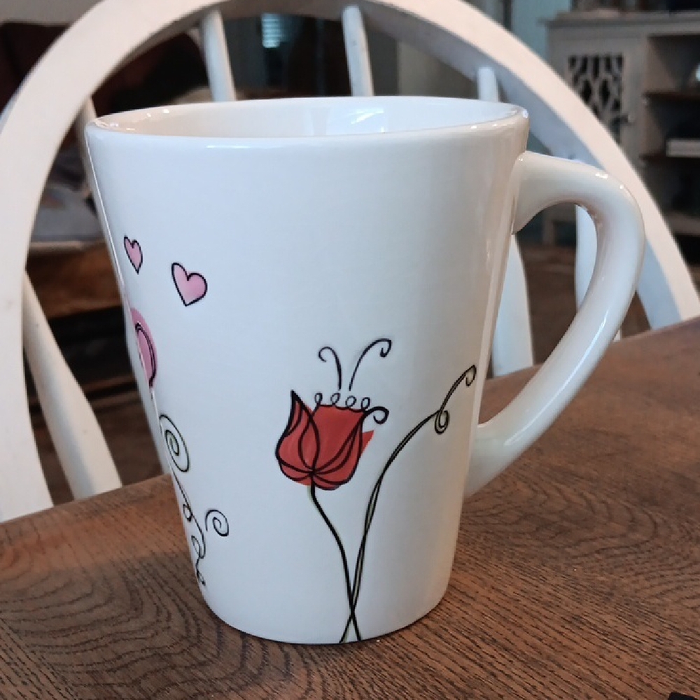 Starbucks White Mug with Red and Pink Floral Design